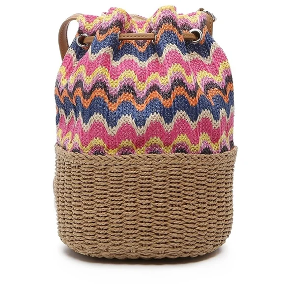 💘CROWN VINTAGE💞 Chevron Print Woven Straw Raffia Bucket Bag💙 Purse boho - Picture 3 of 11